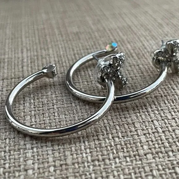 Guess Women Earrings Silver Tone Crystal Bow Hoops Jack Post New - Picture 11 of 11